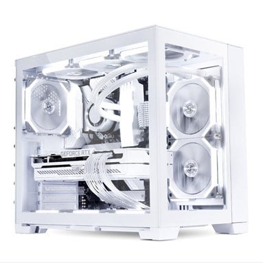 Full white PC build inside a Lian Li O11D Mini-S Snow Edition white case.