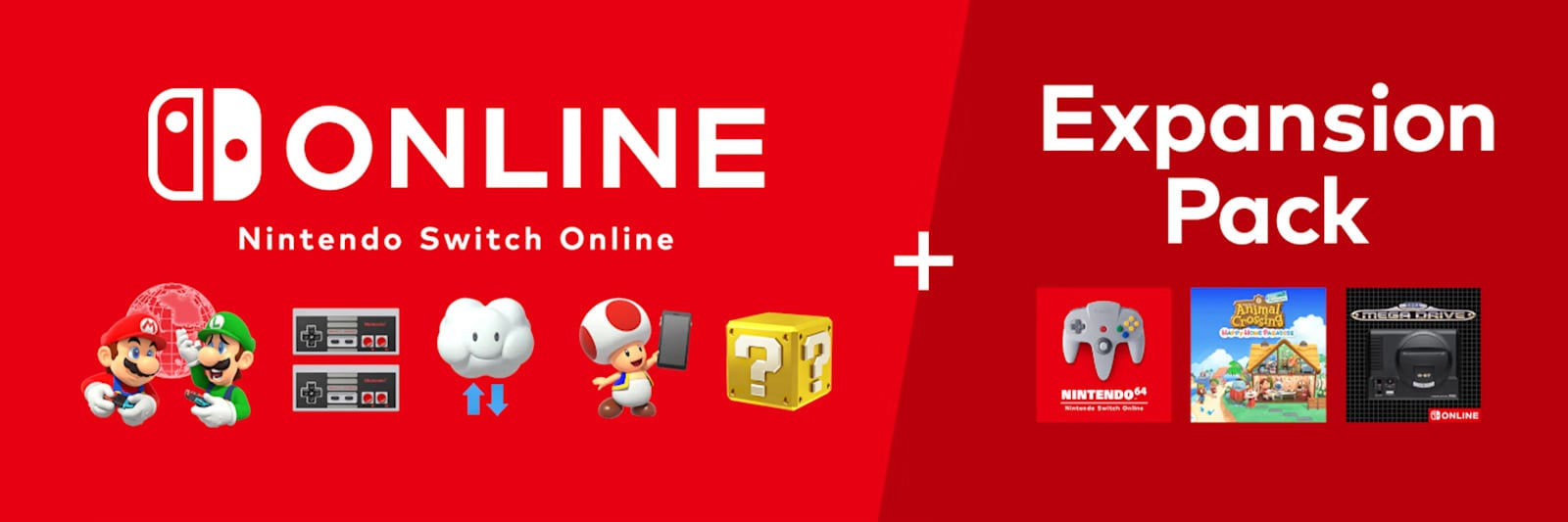 Benefits of Switch online and the expansion, including online play, NES online, cloud saves, a smartphone app and exclusive offers, plus N64 online, MegaDrive online and the Animal Crossing expansion pack.