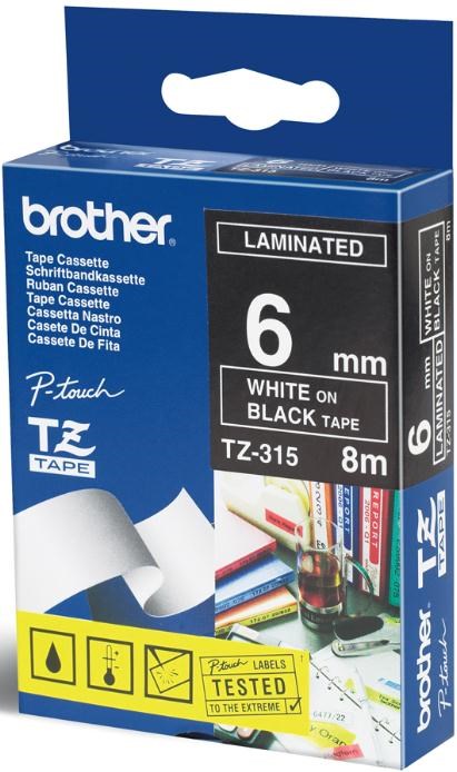 Brother P-touch TC-201 (12mm x 7.5m) White On Black Gloss Laminated ...