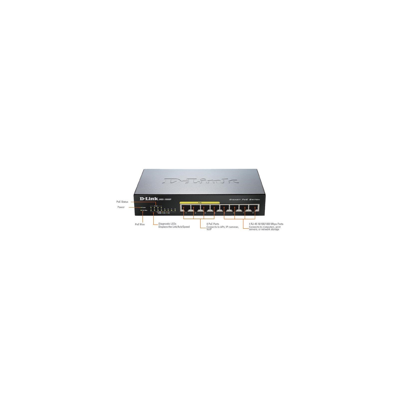 D-Link DGS-1008P Network Gigabit Switch, 8 Port, POE+