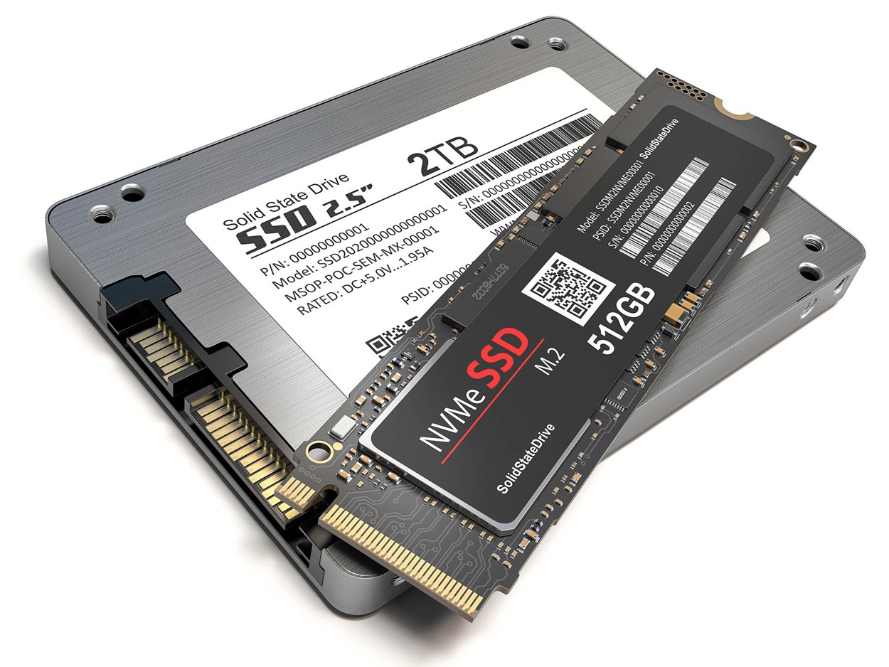 A close-up of a 2.5-inch SATA SSD with a 2TB capacity and an M.2 NVMe SSD with a 512GB capacity, showcasing the difference in form factors and connectors.