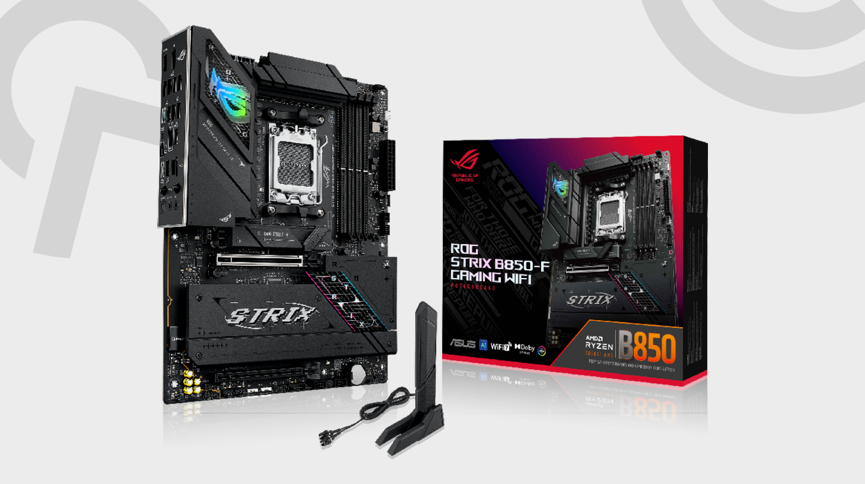 ASUS ROG Strix B850-F Gaming WiFi motherboard with packaging, showcasing advanced features like DDR5 support, PCIe 5.0, and integrated Wi-Fi 6E, along with included accessories such as the Wi-Fi antenna.