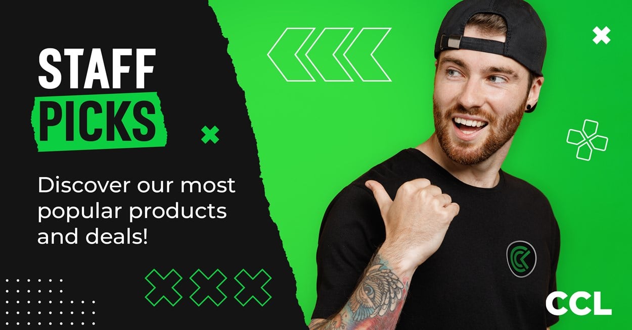 Promotional banner featuring a cheerful man wearing a black cap and T-shirt, pointing to his side with a smile. The text on the left reads 'Staff Picks' in bold white and green, followed by 'Discover our most popular products and deals!' on a black background. The right side has a bright green background with geometric shapes and the 'CCL' logo in white.