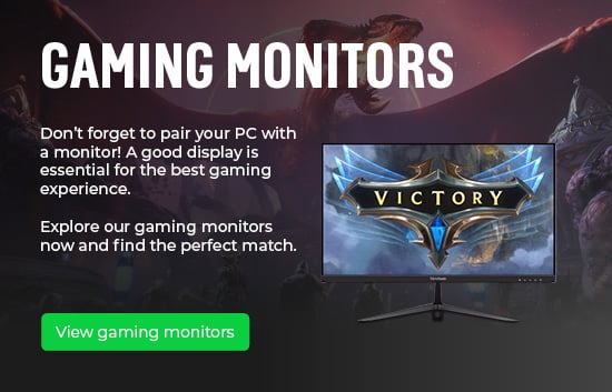 Advertisement for gaming monitors featuring a monitor displaying the word 'Victory' with a fantasy-themed background. The text emphasizes the importance of pairing a PC with a quality display for the best gaming experience. A button at the bottom says 'View gaming monitors.