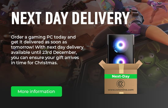 Advertisement for next-day delivery on gaming PCs, featuring a PC tower with glowing lights in a cardboard box labeled 'Next-Day.' The text mentions delivery available until December 23rd to ensure gifts arrive before Christmas. A 'More information' button is included at the bottom.