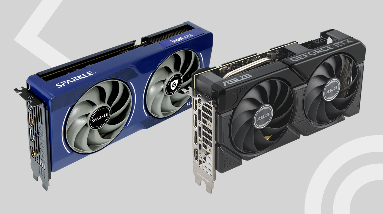 Side-by-side comparison of an Intel Arc B570 graphics card by Sparkle in blue and an NVIDIA GeForce RTX 4060 graphics card by ASUS in black, showcasing their dual-fan designs and back panel connectivity options