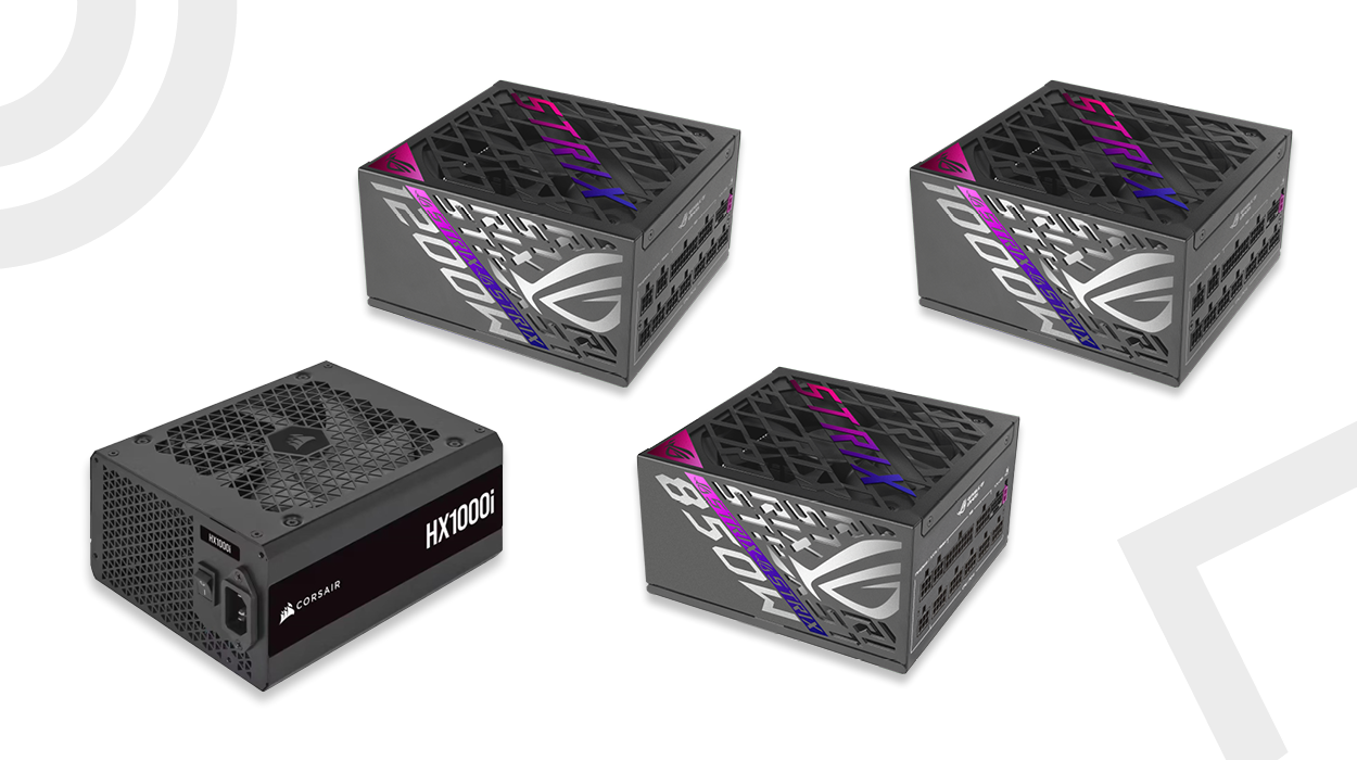 A selection of high-performance power supply units (PSUs) suitable for the RTX 5080 graphics card. The image features ASUS ROG Strix PSUs in 1200W, 1000W, and 850W variants with a sleek black and silver design accented by purple and blue branding. Additionally, a Corsair HX1000i PSU is shown, providing a reliable 1000W power output with a fully modular design.