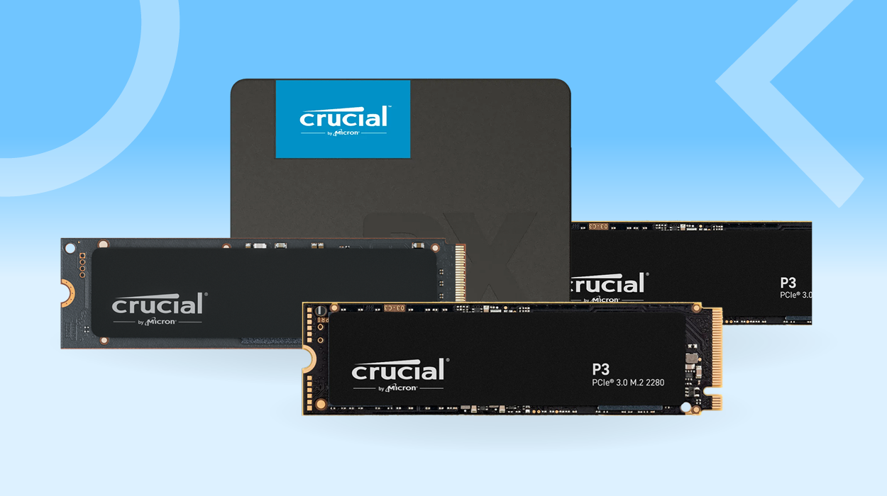 A selection of Crucial SSDs, including 2.5-inch SATA and M.2 NVMe models, displayed on a blue background with the Crucial logo.