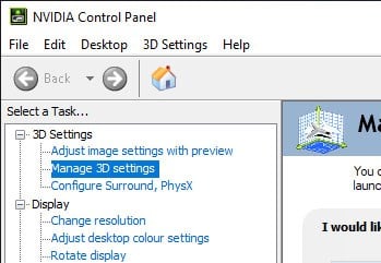Screenshot showing how to Change 3D settings Nvidia Control Panel
