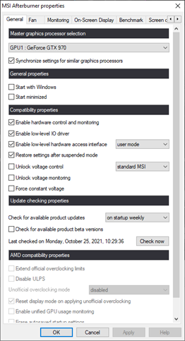 MSI Afterburner Properties View Screenshot