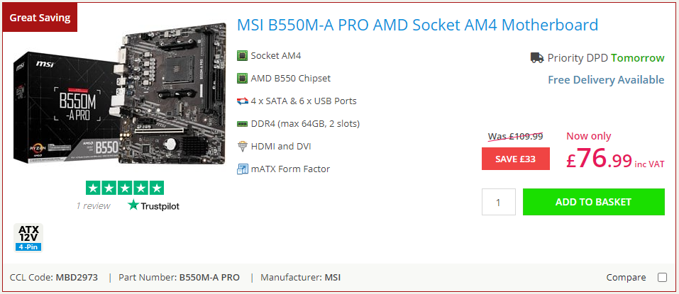 MSI B550M-A PRO AMD AM4 motherboard