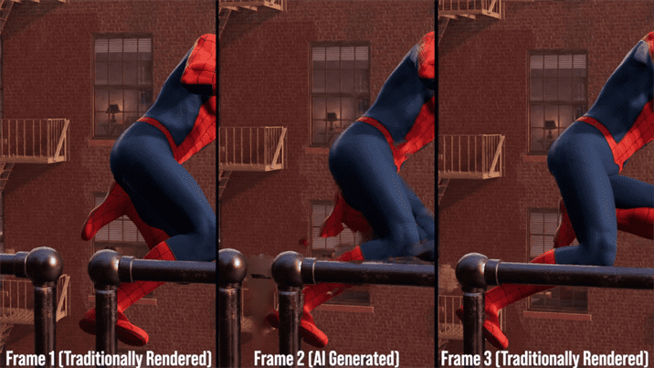 Screenshot showing differences between the rendered frames and DLSS 3 AI generated frame