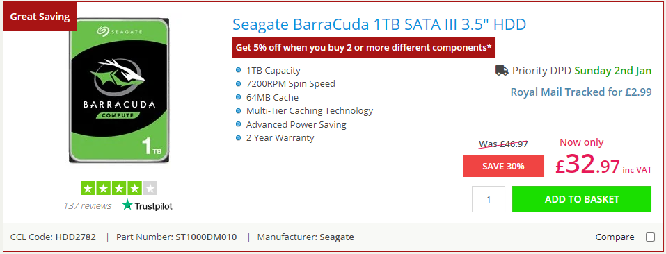 Seagate BarraCuda 1TB SATA III 2.5 HDD