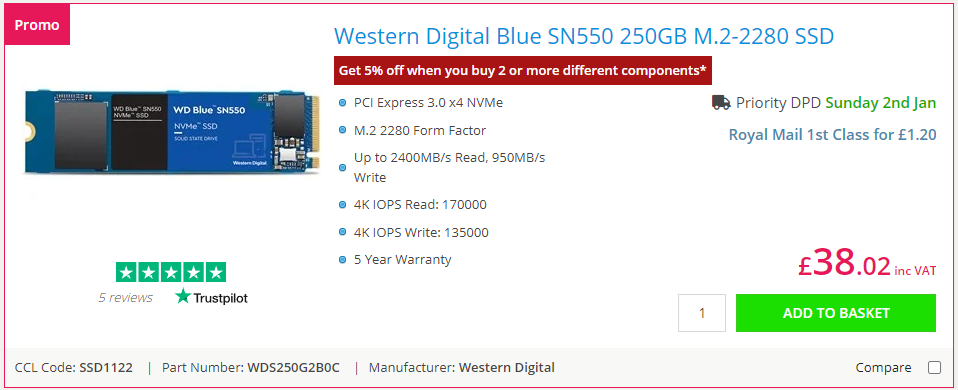 Western Digital Blue SN550 250GB M.2 M.2-2280 SSD