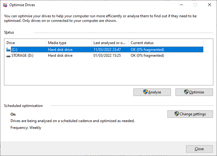 Defragment and Optimise Drives