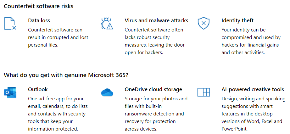 Fake licenses and pirated versions of Microsoft 365
