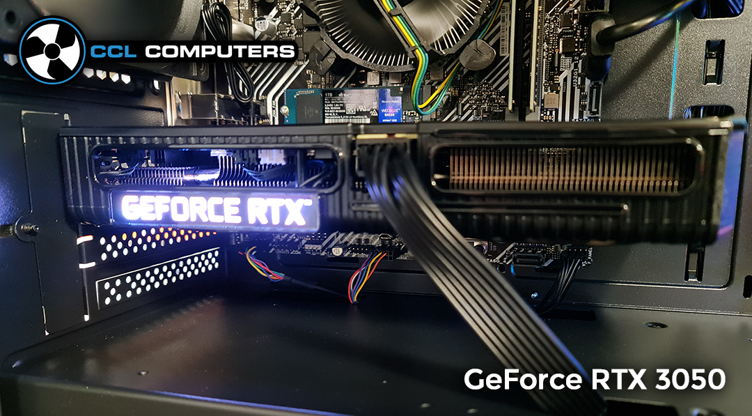 RTX 3050 Gaming PC LED lighting on GPU in gaming PC case