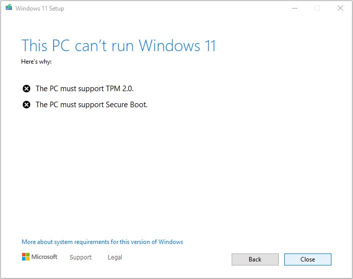 Windows 11 Cannot Install Notification - No TPM