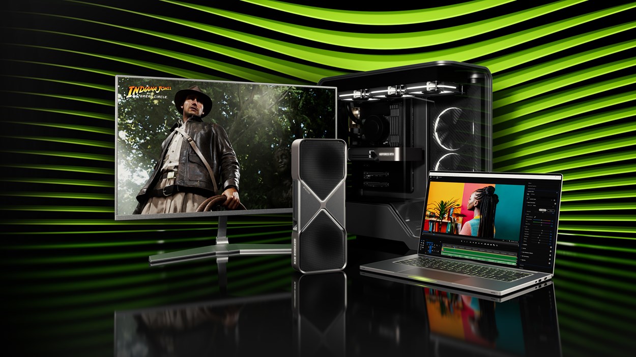 Showcase of NVIDIA GeForce RTX 50 Series hardware, featuring a desktop PC, laptop, and monitor displaying Indiana Jones and the Great Circle.