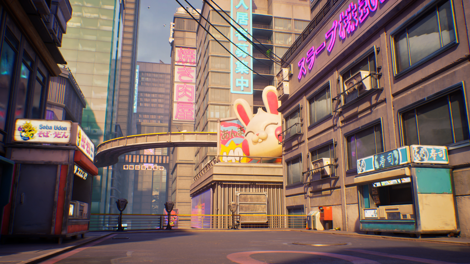 Futuristic urban environment from Fortnite Ballistic, featuring vibrant neon signs and a bunny-themed billboard