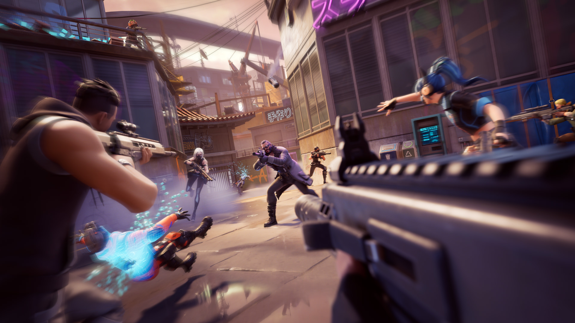 Action-packed gameplay scene from Fortnite Ballistic showing players engaging in intense combat in a futuristic urban environment