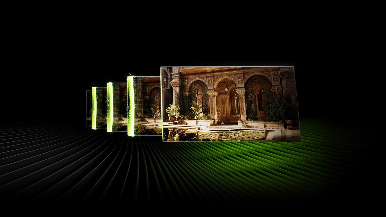 Visualization of NVIDIA DLSS technology enhancing image quality, showing progressively refined frames leading to a high-detail architectural scene