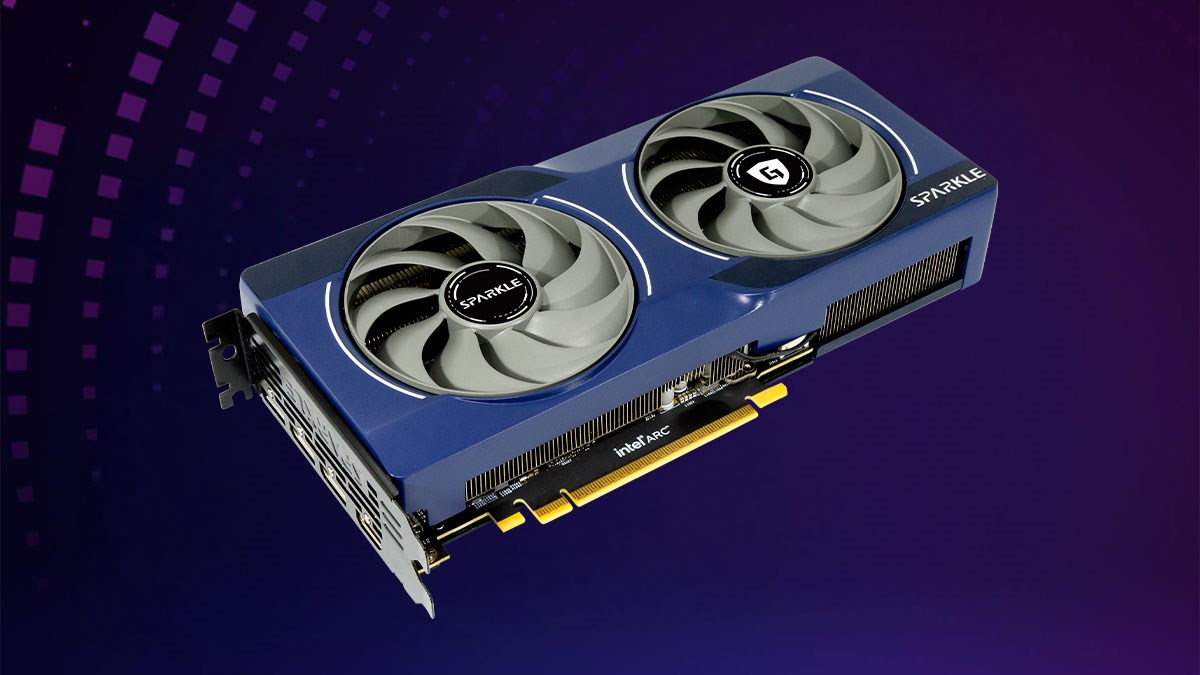 SPARKLE Intel Arc B570 GPU with dual cooling fans in a sleek blue design, set against a dark purple gradient background