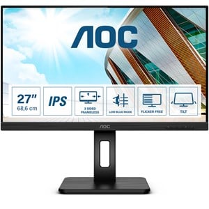 AOC 27P2Q 27 inch Monitor, IPS Panel, Full HD 1920 x 1080 Resolution, 75Hz Refresh Rate, FreeSync, DisplayPort, HDMI, DVI, VGA inputs, USB3 Hub, Speakers