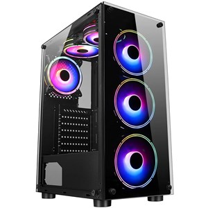 CiT Mirage F6 Mid Tower ATX Case in Black with Tempered Glass Front, Side, 6x RGB Fans