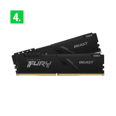 Two Kingston FURY Beast DDR4 RAM modules in black with a sleek, angular heat spreader design. The modules feature the 