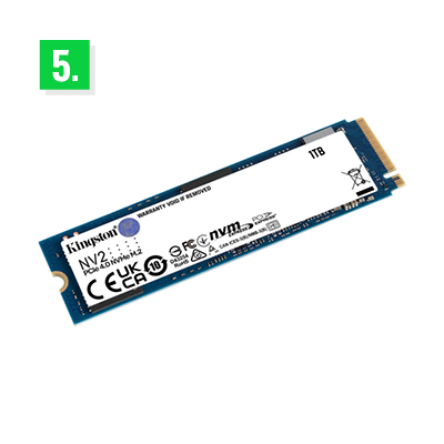 A Kingston NV2 1TB PCIe 4.0 NVMe M.2 SSD with a blue circuit board and a white label displaying the product details, including the storage capacity and interface. The label includes certification marks and branding.