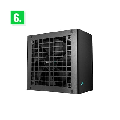 A black power supply unit (PSU) with a large cooling fan and a grid-style ventilation design on the front. The PSU has a minimalist, modern design with a small turquoise logo on the corner. 