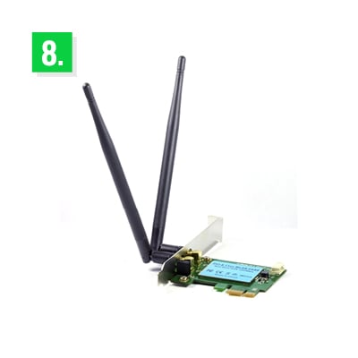 A PCIe wireless network card with two large black antennas for improved Wi-Fi connectivity. The card has a small circuit board with a green and blue design and a metal bracket for mounting inside a computer.