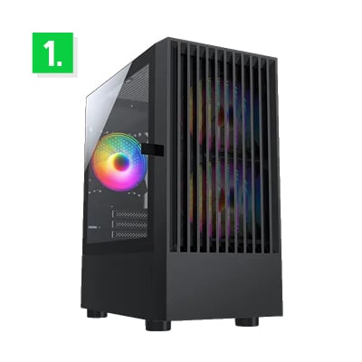 A modern black computer case with vertical front ventilation grills and RGB-lit cooling fans visible through a tempered glass side panel. The case is elevated on small feet and showcases two large front fans with colorful lighting effects