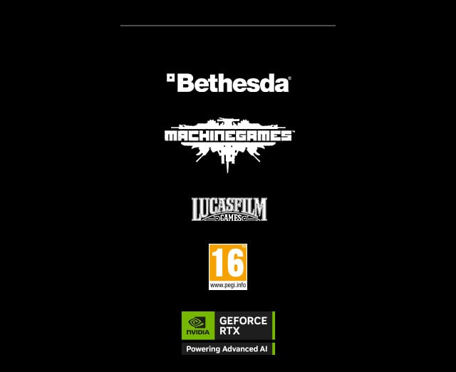 Company Logos - Bethesda, Machine Games, Lucasfilm Games, PEGI 16 Rating, GeForce RTX