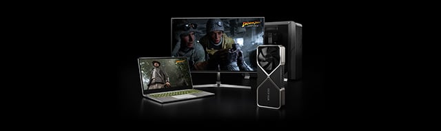 Selection of GeForce RTX products, including a laptop, desktop and graphics card.