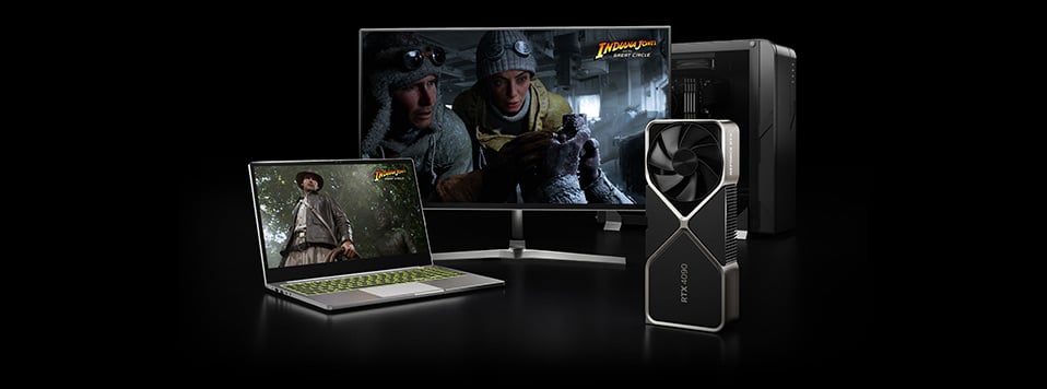 Selection of GeForce RTX products, including a laptop, desktop and graphics card.