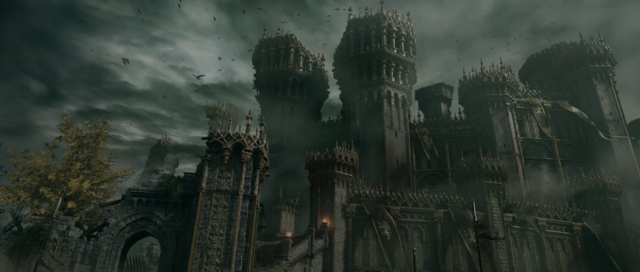 Dark and ominous castle with towering spires surrounded by fog, tattered banners, and a gloomy, storm-filled sky in a fantasy setting.