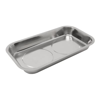 A rectangular stainless steel magnetic tray with a shiny, smooth finish. The tray is designed to hold small metal tools, screws, or components securely using its magnetic base, preventing them from getting lost during work.