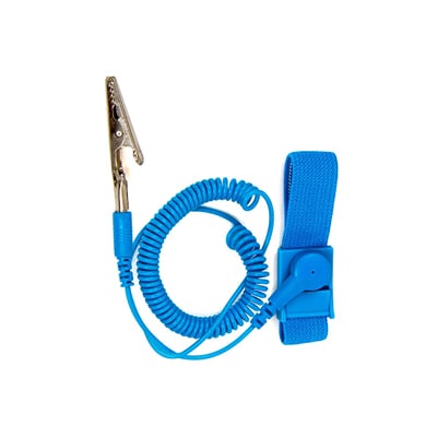 A blue anti-static wrist strap with a coiled grounding cable and an alligator clip. The adjustable strap is designed to be worn around the wrist to safely discharge static electricity, preventing damage to electronic components during assembly or repair.