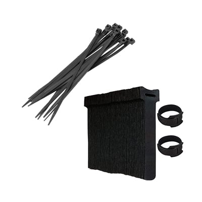 A collection of black cable management tools, including a bundle of zip ties, two reusable hook-and-loop straps, and a black cable sleeve. These tools are designed for organizing and securing cables in a clean and efficient manner.