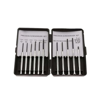 A precision screwdriver set displayed in an open black plastic case. The set includes multiple screwdrivers with fine tips of varying sizes, labeled for different types of screws, such as flathead and Phillips. The screwdrivers are neatly organized in designated slots inside the case.